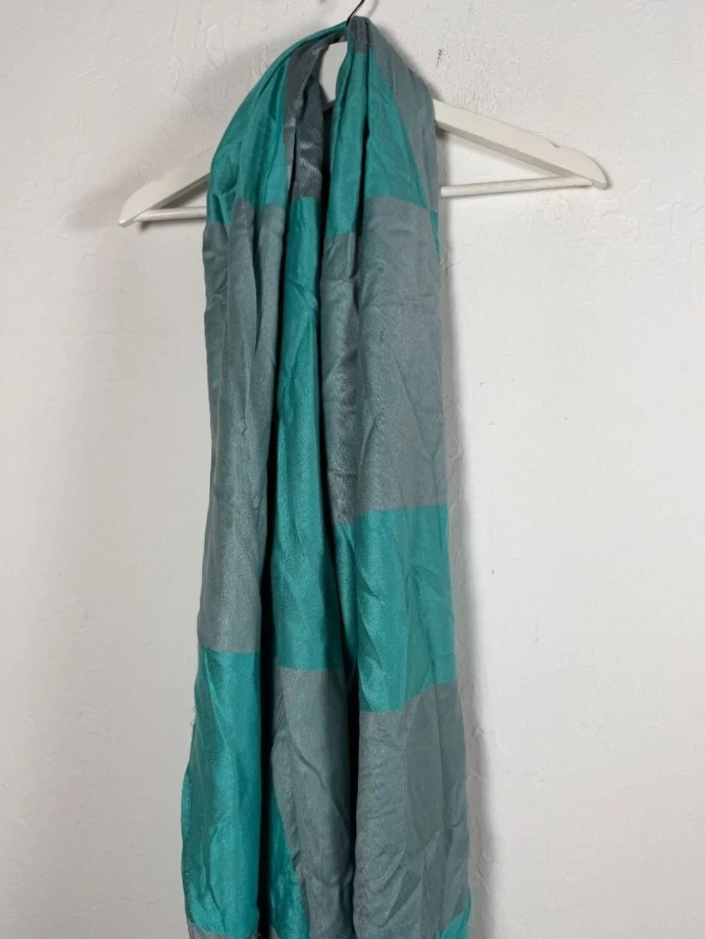 Bella Scarf Florence Italy Silky Gray Teal Colorblock Scarf Wrap 70x26 Fringe